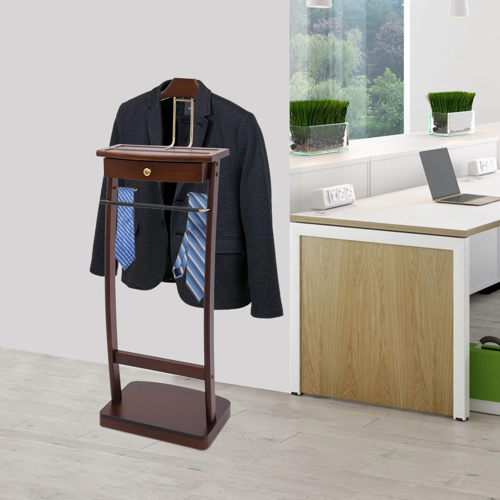 حامل ملابس قائم بذاته مع حامل بدلة قاعدة قوي 17.32*11.81*44.09 بوصة لون الجوز لمكتب غرفة الفندق