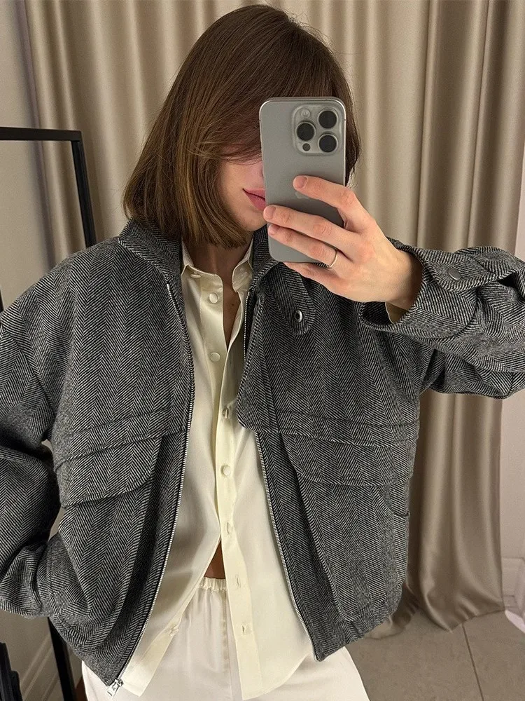 

Loose Woolen Coat with Zipper ket Top European Sle Thiened Winter Outerwear for Women Mid-Century Faion