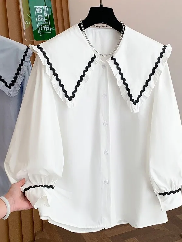 

Женская блузка больших размеров для весеннего офисного стиля, с рюшами, французский стиль, свободный крой, длинный рукав, воротник «Питер Пэн», однобортная.