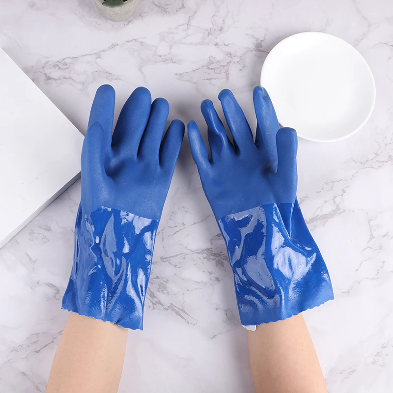 Guantes resistentes al aceite y al ácido alcalino, manoplas protectoras de seguridad Industrial de algodón con forro azul, productos químicos nocivos, 1 par