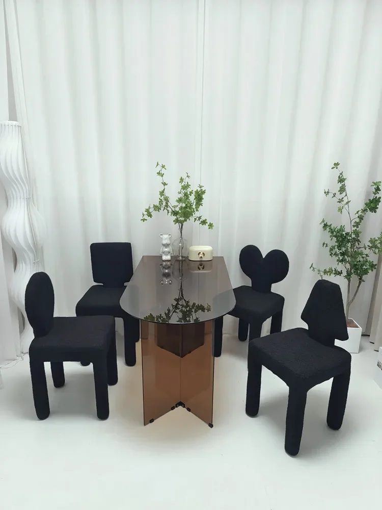 Nordic light luxury second-hand dining chair, black lamb's wool special-shaped back stool, Internet celebrity designer makeup