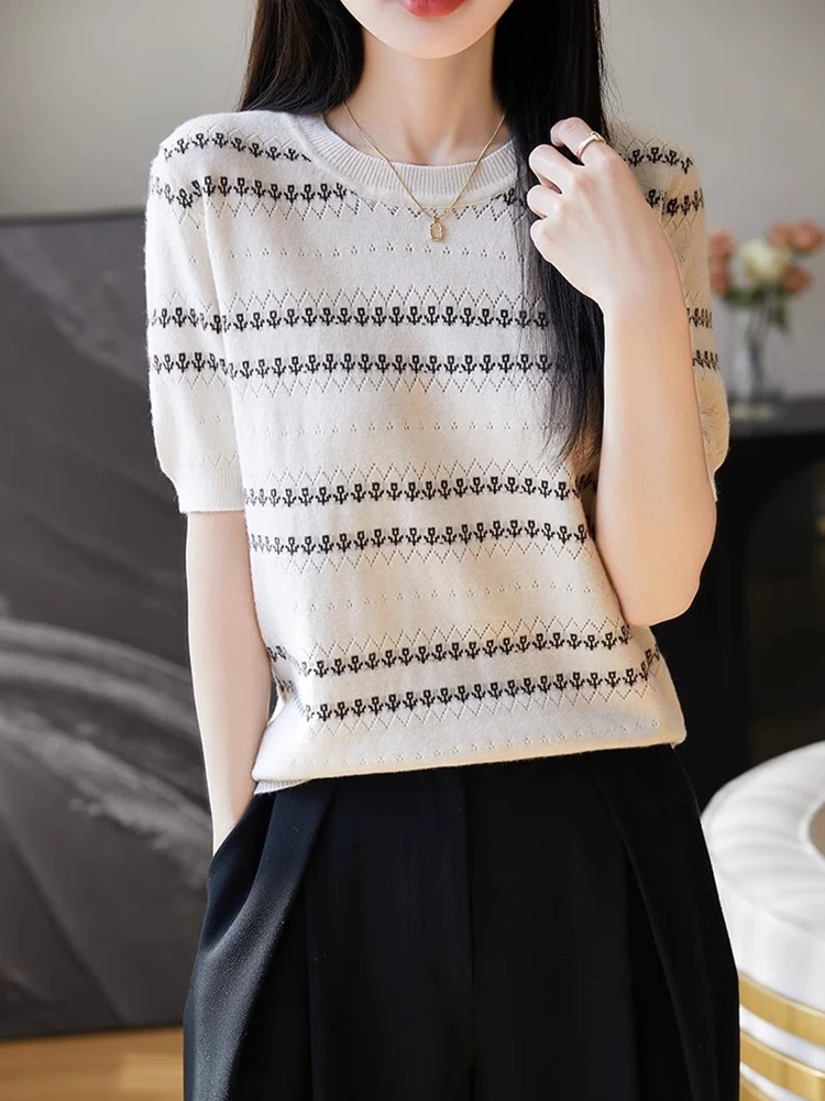 

Summer Color Blo Knitted Top ort Sve Embroidered Hollow out round Ne Pullover Breathable Base Layer Ele Ladylike