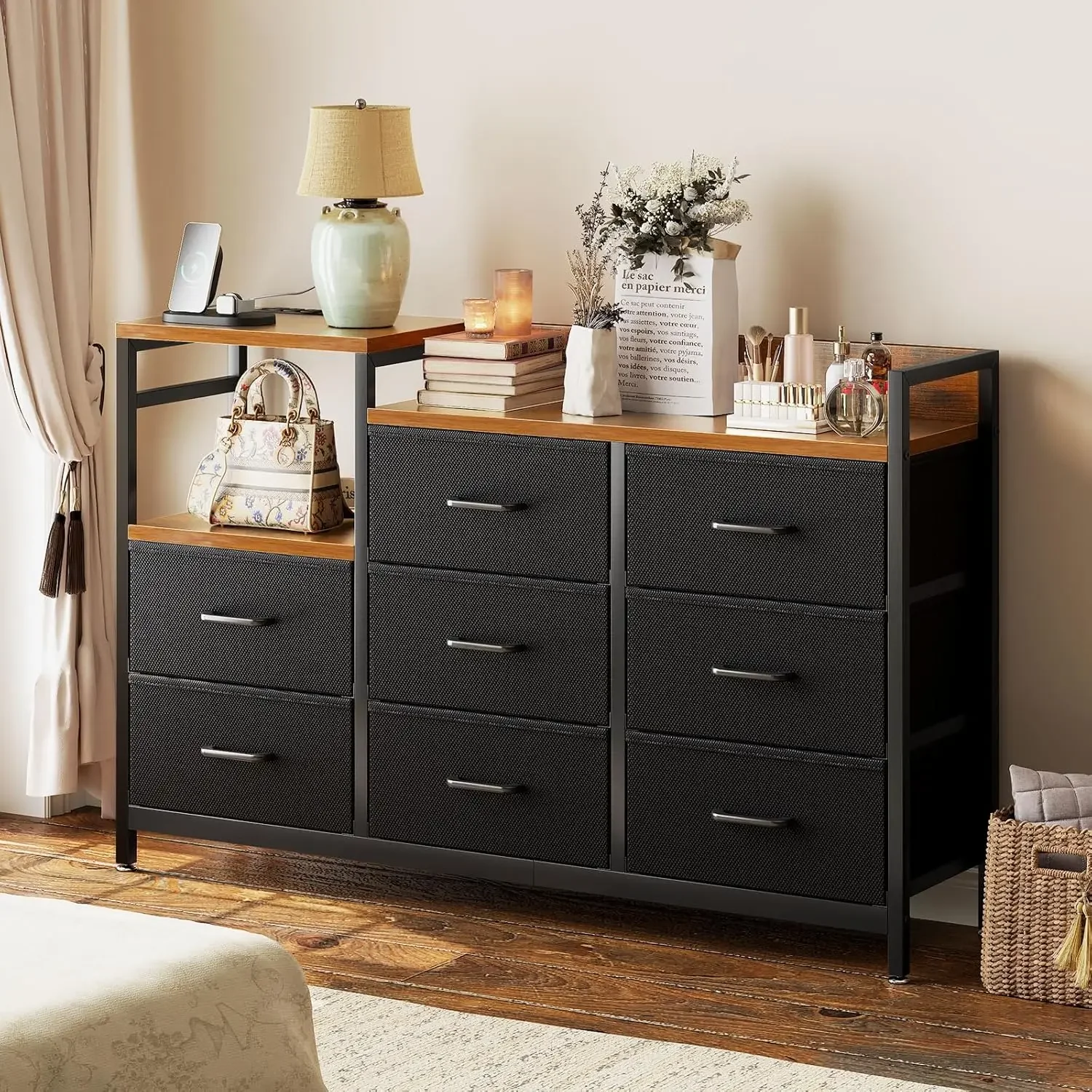 Dresser for Bedroom with Charging StationLong Dresser with 8 Storage Drawers Large Fabric Chests of Drawers with Shelves Black