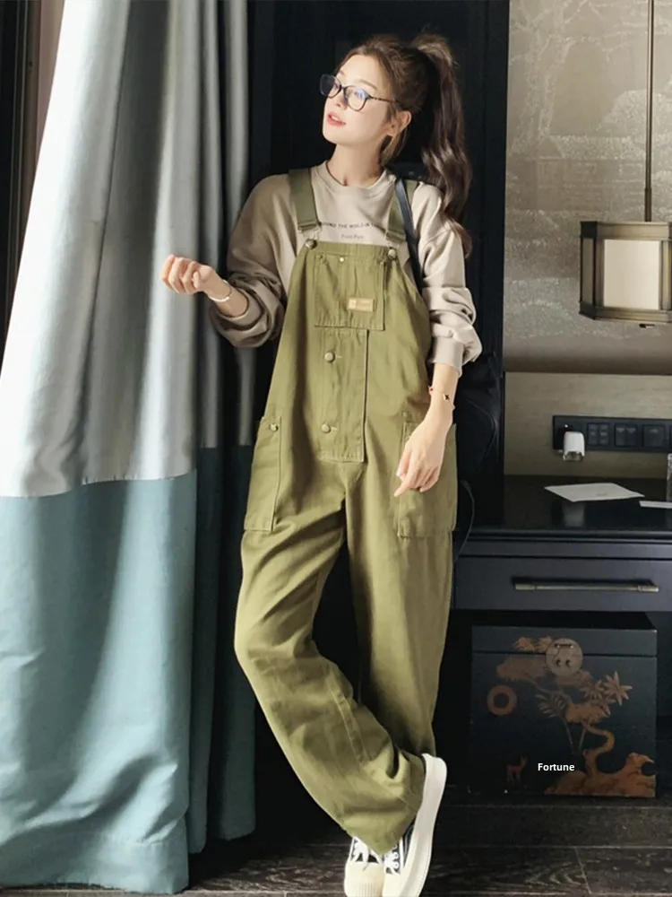 

een Workwear Overalls Women's Loose Fit Spring Autumn New Sle Small Size Large kets Design Slimming High Waist Trousers