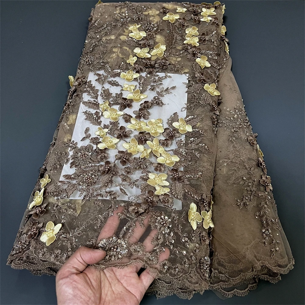 2025 الأفريقي النيجيري عالية الجودة الترتر تول تطريز أقمشة الدانتيل 5 ياردة الخياطة الخرز حجر لفساتين الحفلة الراقصة JY476