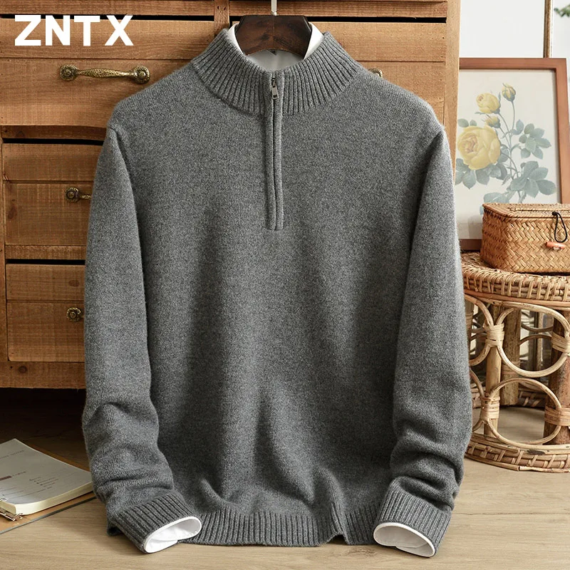 ZNTX Autumn/Winter New Zipper Half High Neck Men's Pure Cashmere Sweater Solid Color Middle aged Dad Casual Knitted