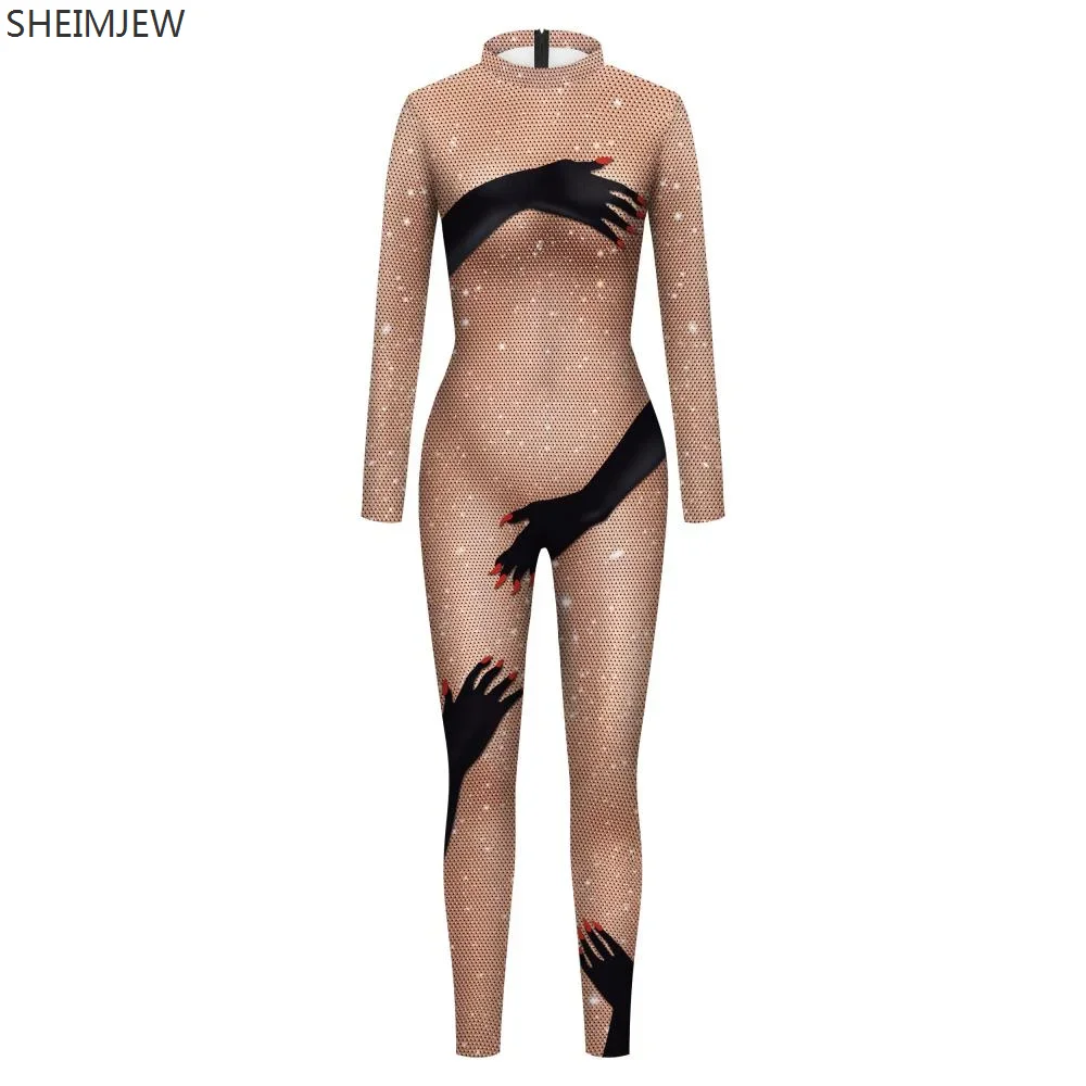 Carnival Cosplay Long Sleeve Female Bodysuit Black Hands Touch Shinny Body Print Sexy Beyonce Women Jumpsuit Costumes Outfit