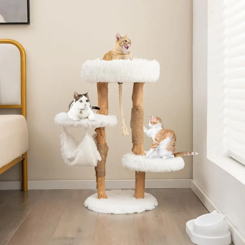 Cat Tree for Indoor Cats, Solid Wood Modern Cat Tower with Cozy Top Perch, 2 Platforms & 1 Hammock