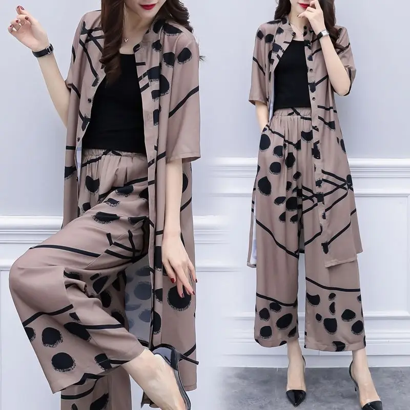 Vintage Fashion Female Single-breasted Cardigan Top Half Sleeve Printed Two Piece Set Casual Wide Leg Pants Sets Womens Clothing