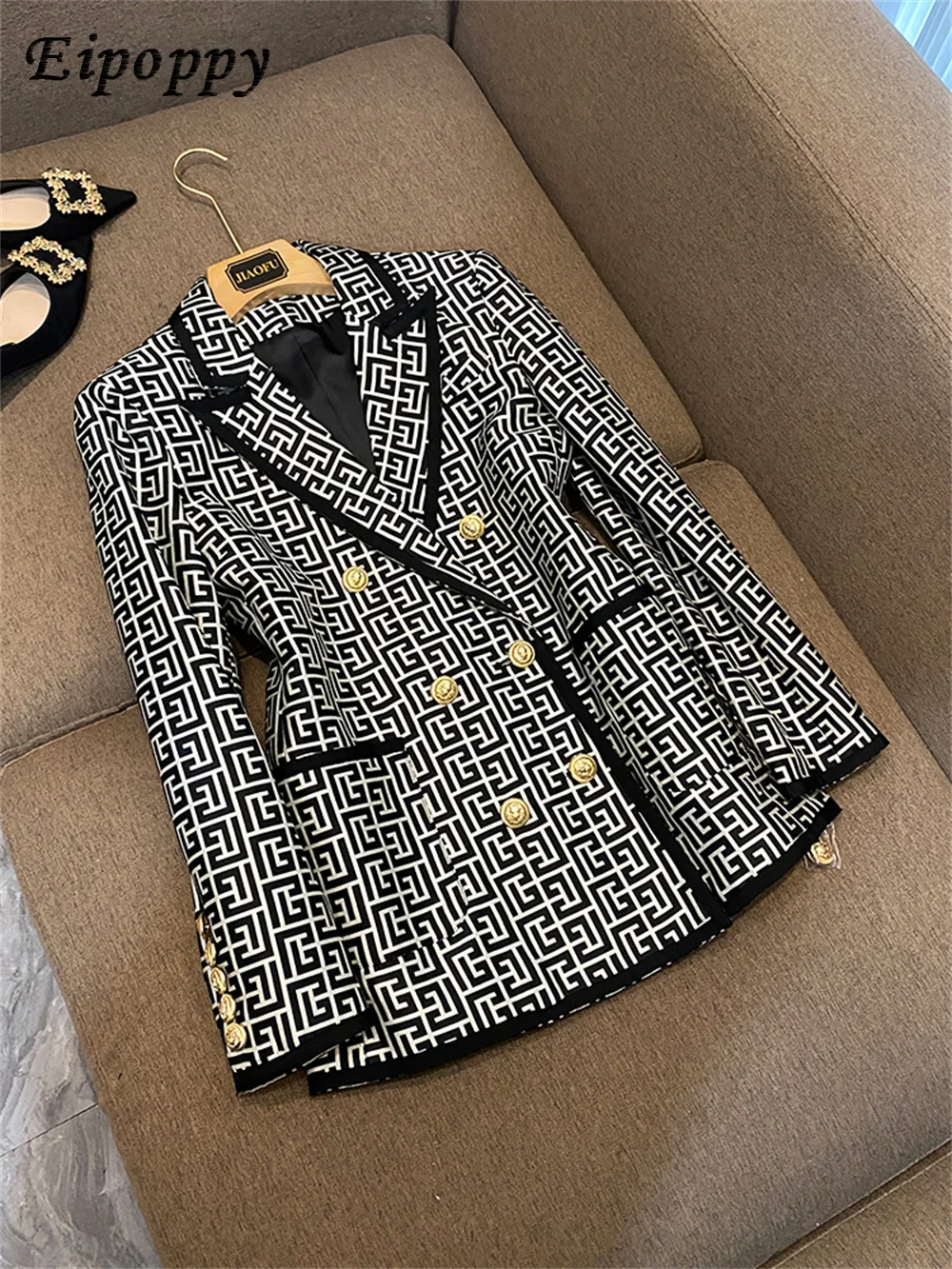 Vintage Jas Voor Dames Nieuwste getrid doppiele Rij Knopen geometriche Jacquard Jas Kantoor Dames Business Formele blazer
