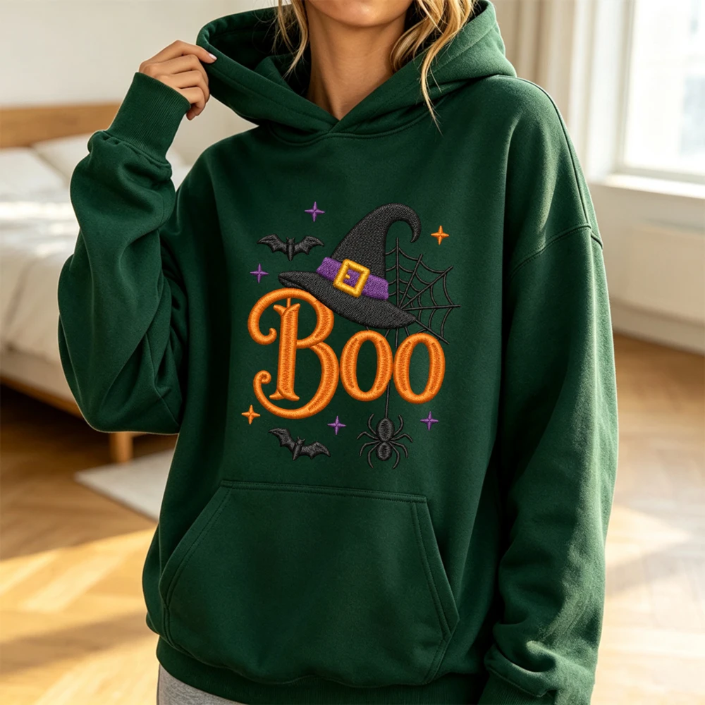 Halloween Boo Witch Hat Embroidered Pattern Print Graphic Hoodie Long Sleeve Autumn Winter Warm Unisex Streetwear Top Hoodie