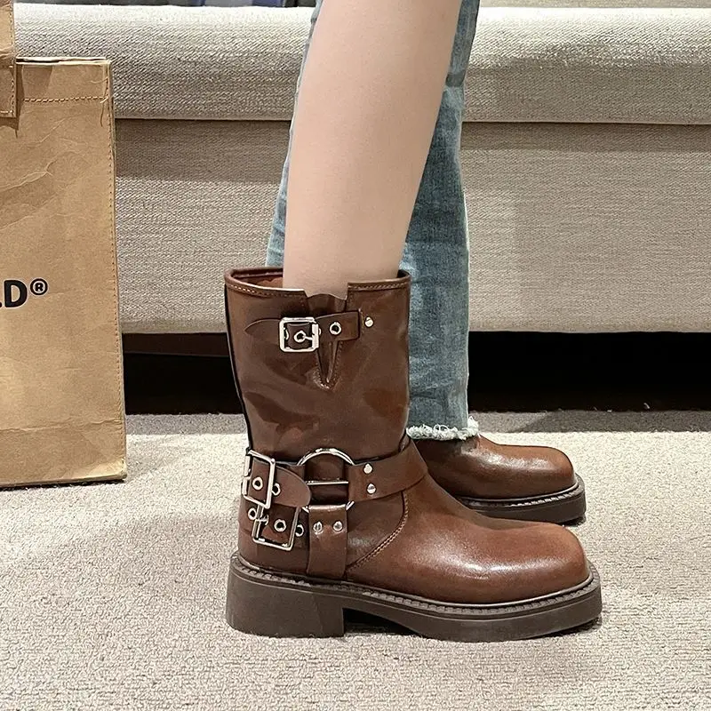 

2024 New High Quality Women's Boots Autumn Winter Leather Short Boots Fashion Belt Buckle Shoes Slip on Thick Heels Boots Woman