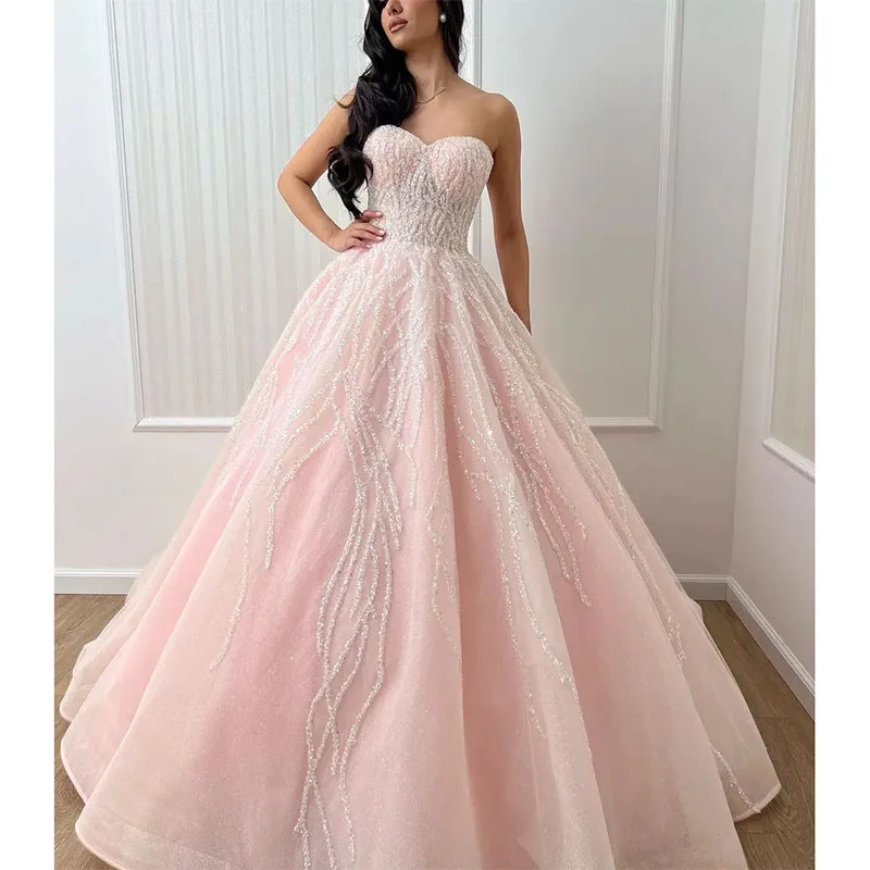 

Pink Ball Gown Evening Dresses Sweetheart Beaded Appliques Sparkly Sequins Floor Length Celebrity Formal Prom Dress Party Dress