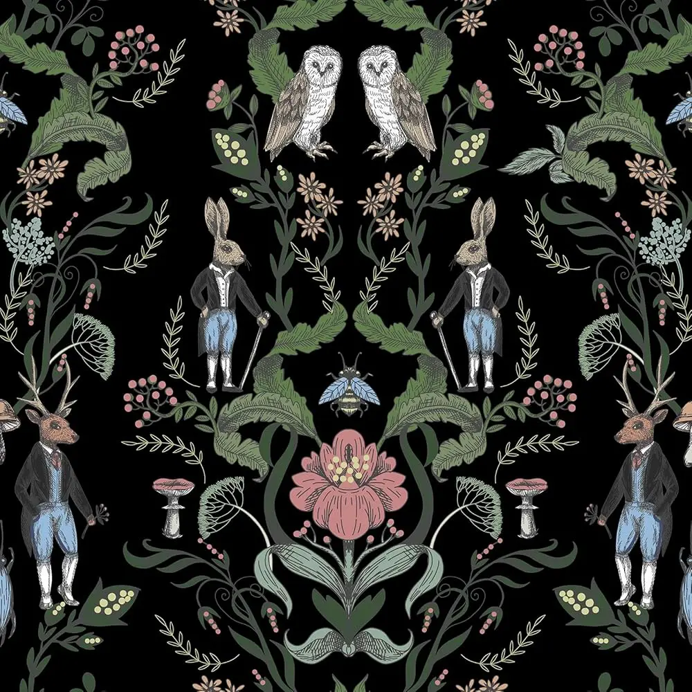 

Black/Green Floral Peel And Sti Wallpaper, 17.71"" X 236.2"" Woodland Animals Decorative Contact Paper Removable Waterproof