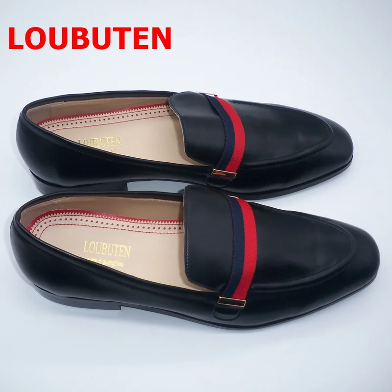 LOUBUTEN Luxury Fashion Italian Black Genuine Leather Loafers Handmade Men Dress Shoes Slip On Party Wedding Shoes