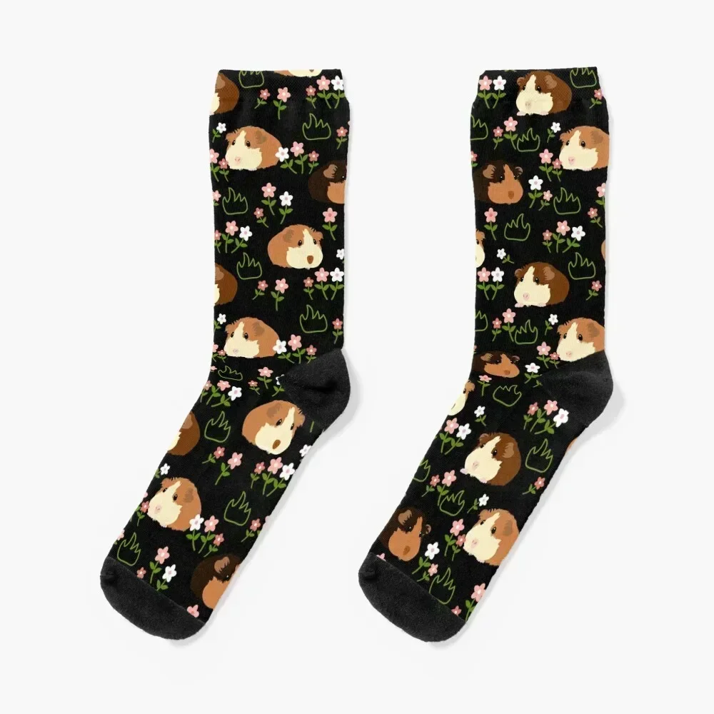 

Guinea Pig and Flowers - Black Socks kids designer bright garter floral Male Socks Women's