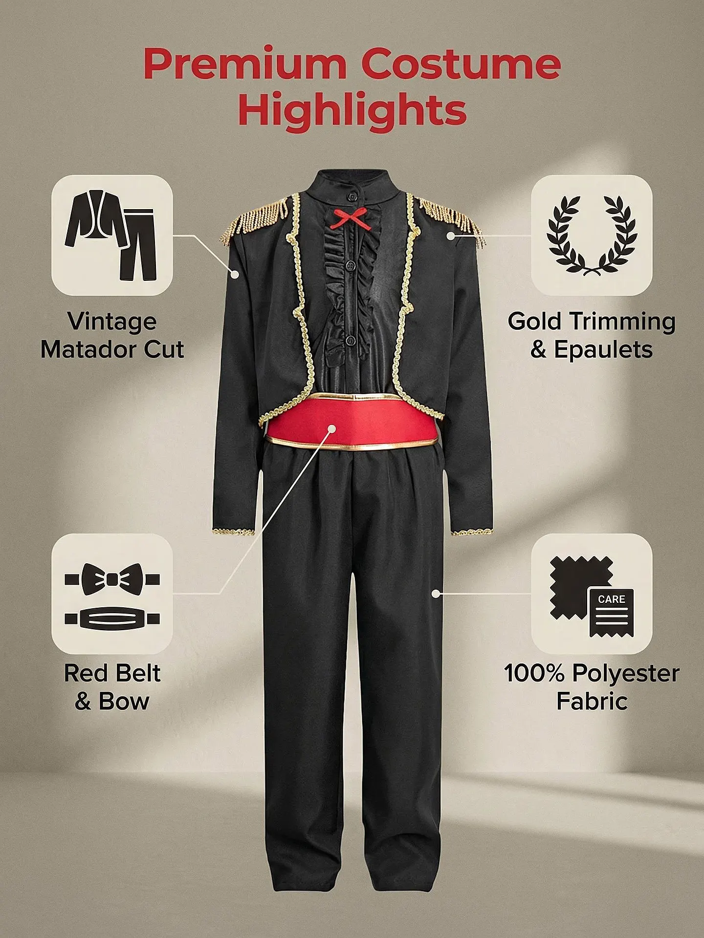 Kids/Adults Spanish Matador Costume, Vintage Bullfighter Outfit with Gold Trimming Red Belt, Halloween Cosplay Party Fancy Dress