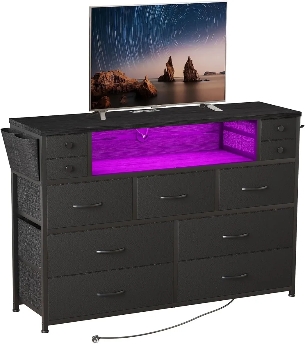 Dresser TV Stand with Power Outlets and LED Lights for 55'' TV, 11 Drawers Dresser with Side Pocket, Fabric Chest  (Black)