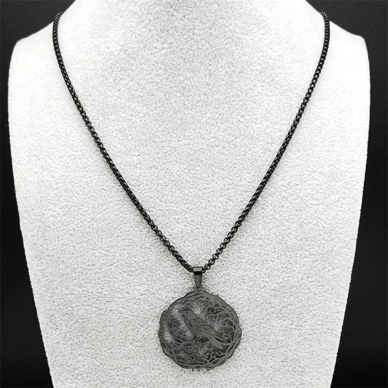 Punk Animal Raven Hollow Pendant Necklace for Women Men Stainless Steel Black Color Vine Crow Chain Jewelry Halloween Gift