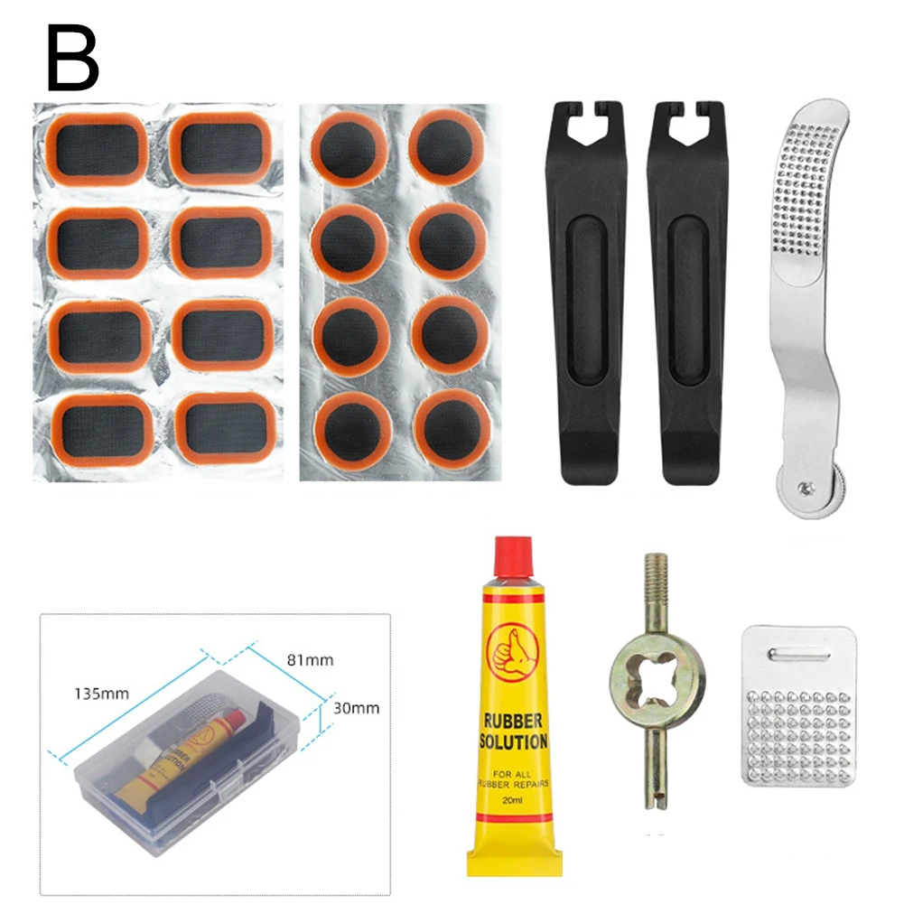 Compact Portable Case Bike Tire Repair Kit Includes Rubber Cement Tire Levers Included Valve Core Tool Included Portable Case