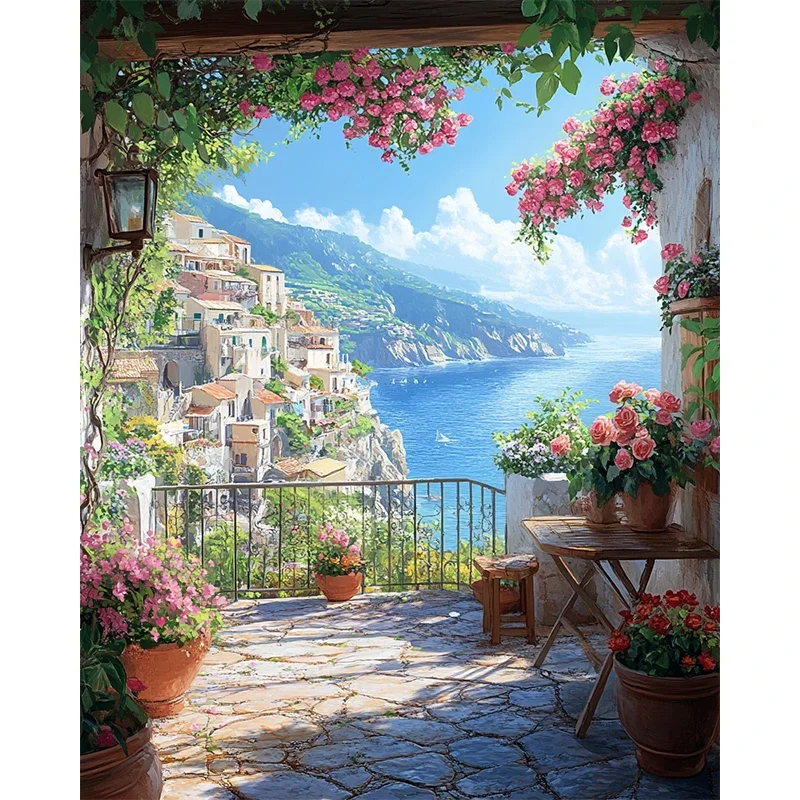 Home Decoration Balcony View Picture For Adult Beginner Digital Oil Painting Set Very Suitable For Relax Time