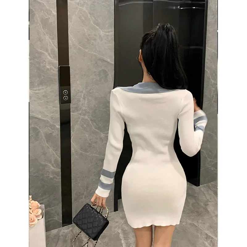 Autumn Winter Fashion Temperament Elastic Slim Knitted Pullover Dresses Women Clothing Vintage Chic Striped Mini Dress