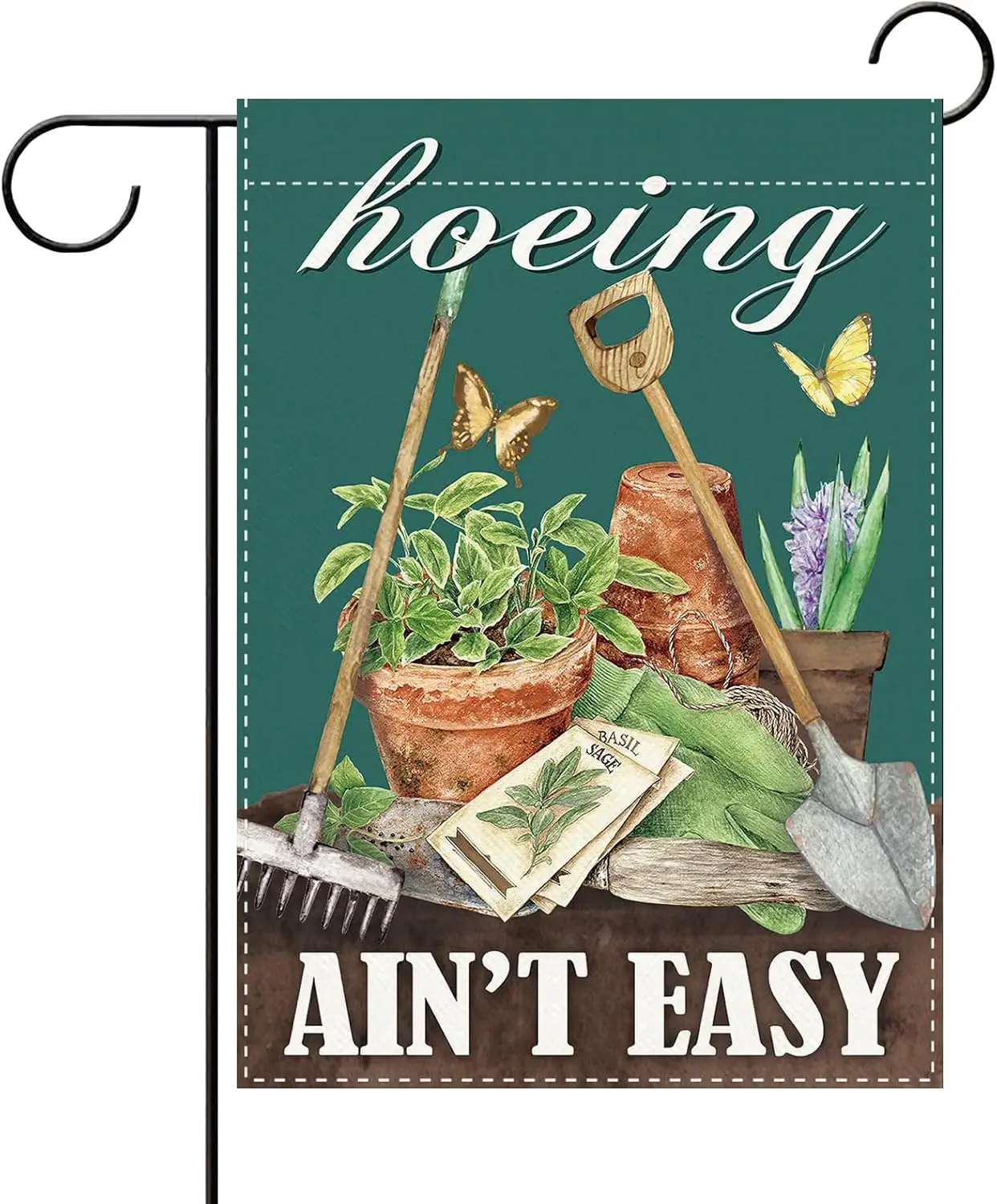 Funny Gardening Hoeing Ain't Easy Decorative Garden Flag, Horticulture Tool Potted Plant Small Yard Outside Decorations  LLX PPM