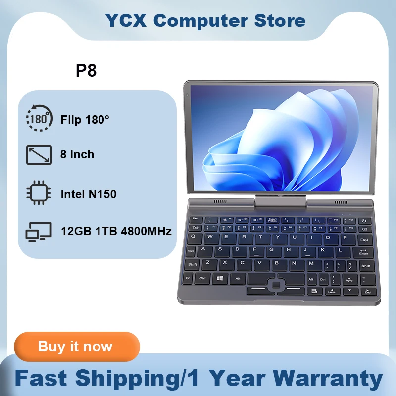 P8 flip 180 laptop intel n150 core 8 tamanhos lpddr5 12gb 1tb 4800mhz windows 11 pro ax wifi 6 bt5.2 rj45 lan 12a geração mini laptop