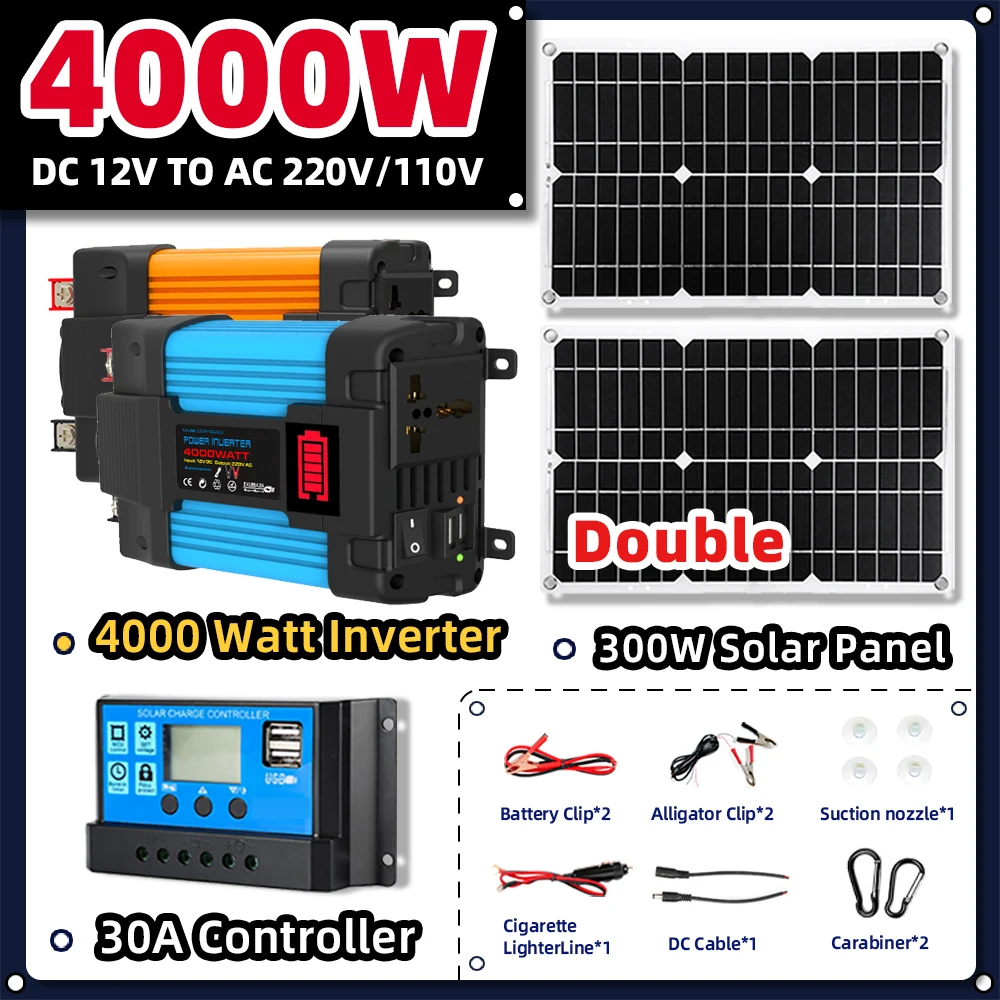 4000W Power Inverter with LED Battery Display Solar Power Kit Generation System Dual USB 30A Solar Charge Controller Solar Set