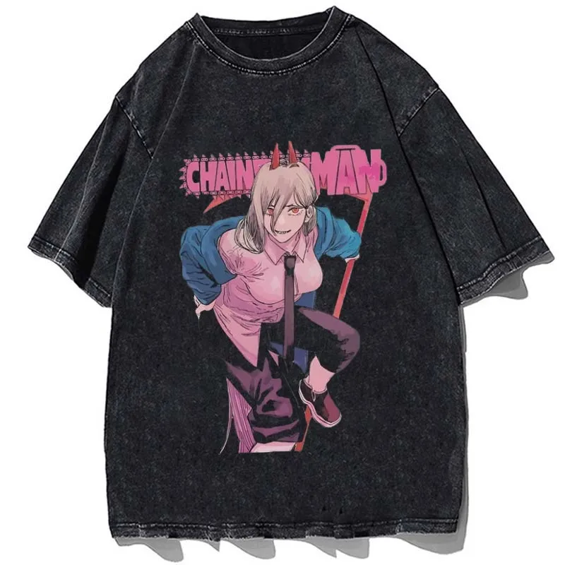 

Chainsaw Man Power Blood Devil Acid Wash Oversized Cotton T Shirt 2026 Summer Anime Streetwear Graphic Tee for Men Women