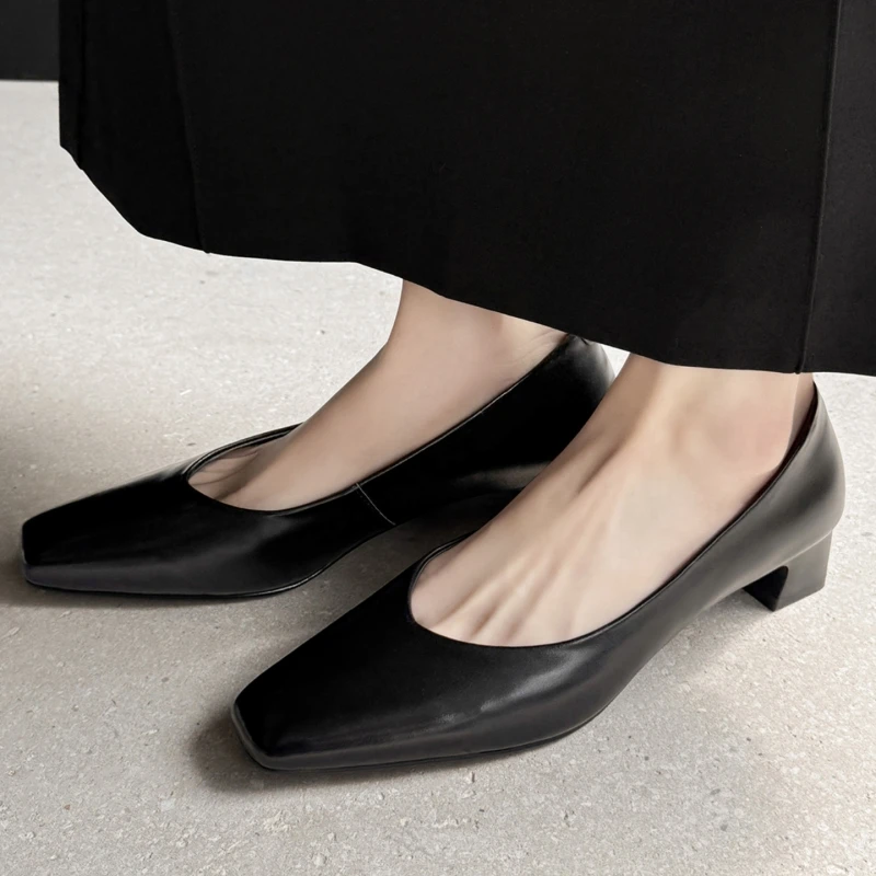 2026 Spring Autumn Women's Shoes High Heels Solid Slip On Square toe Latex Insole Work Wedding Dress Shoes Genuine Leather