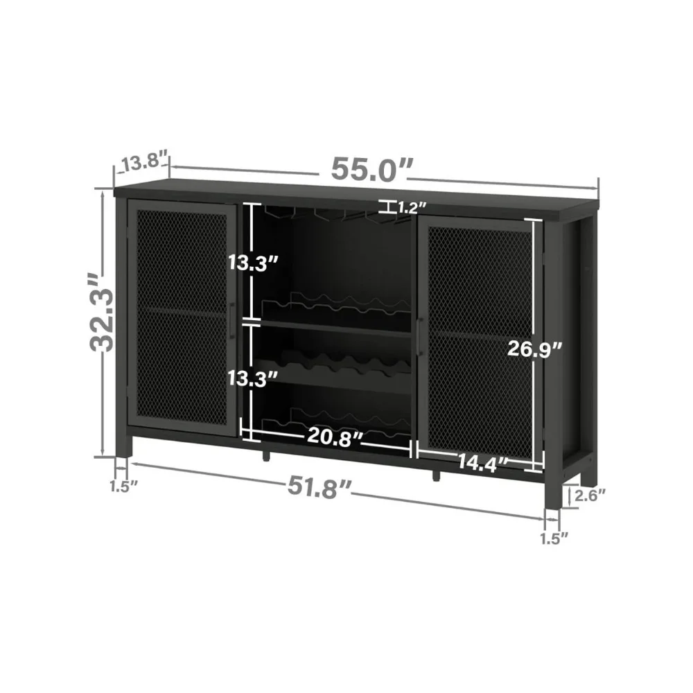 Black Coffee Bar Cabinet, Liquor Cabinet with Wine Rack Storage, Industrial Kitchen Buffet Cabinet for Liquor and Coffee