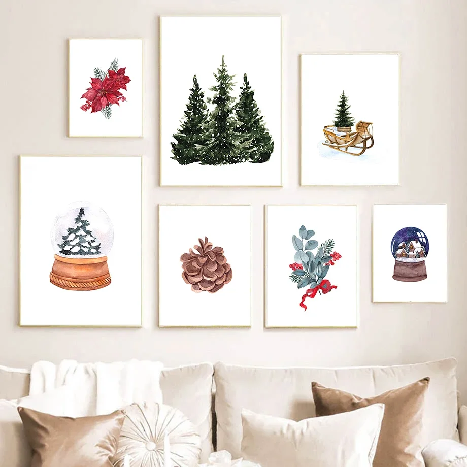 Winter Deer Snow Tree Pine Cones Holiday Wall Art Canvas Painting Posters And Prints Christmas Pictures Living Room Home Decor