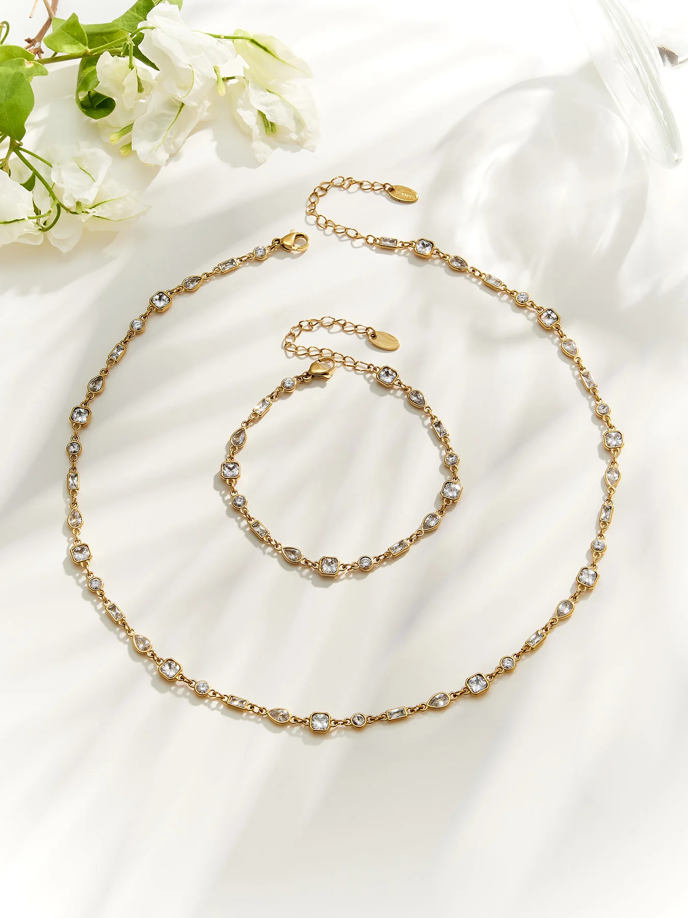 Boho Bunte Zirkon Halskette Armband 18k Vergoldetes Edelstahl Schmuckset für Damen Zierliches Party-Schmuckset – Detail 10