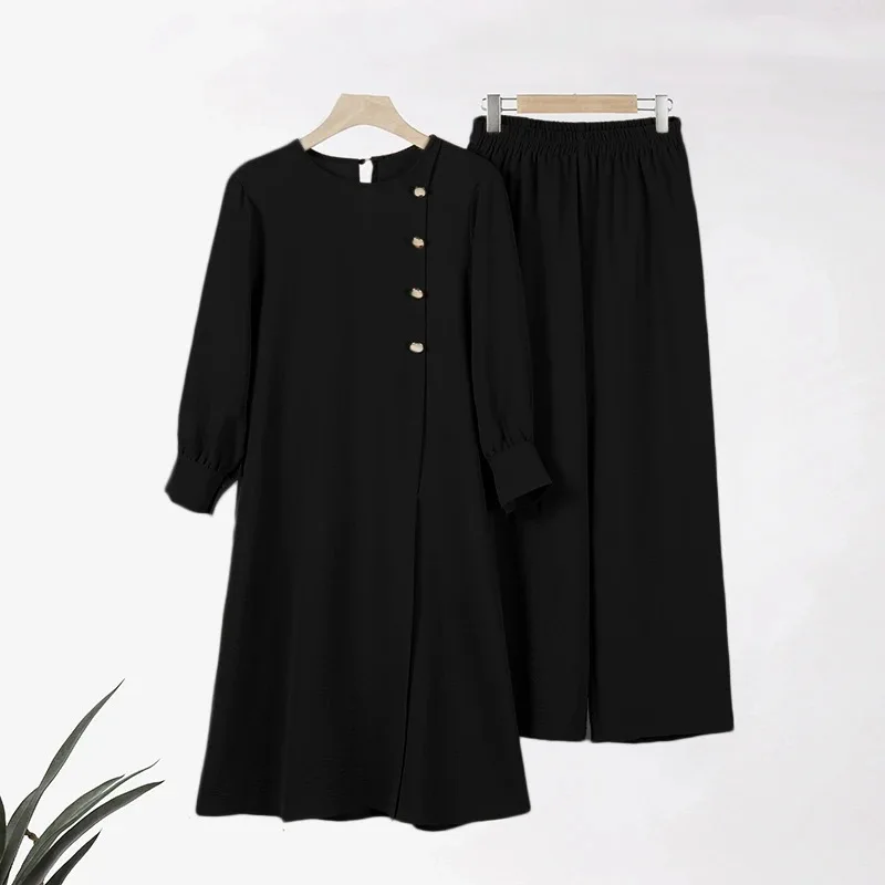 Fashion 2024 2 Pieces Muslim Women Suits Elegant Temperament Solid Side Split Long Shirt Wide Leg Pants Long Robe Two Piece Set