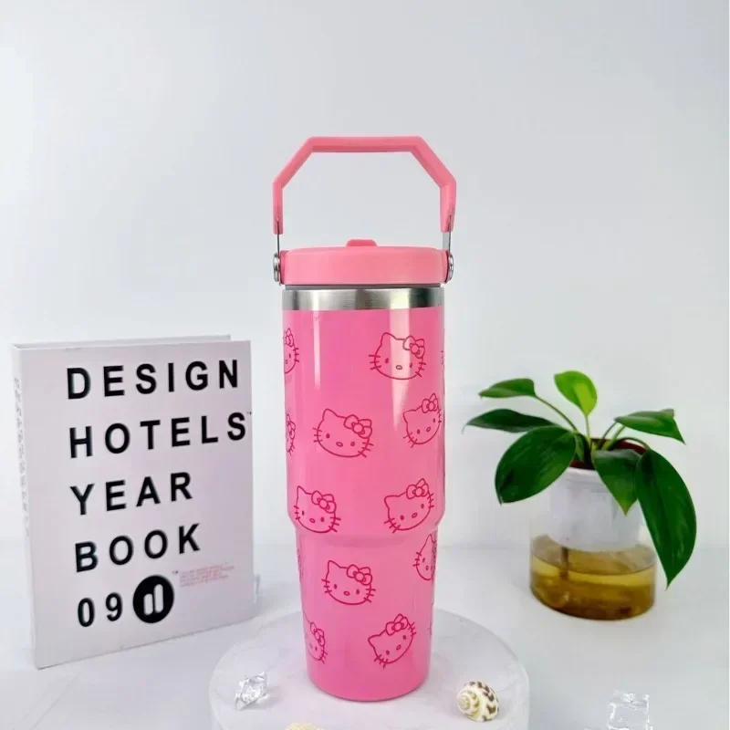 Kawaii Hello Kitty Kubek próżniowy ze stali nierdzewnej o dużej pojemności Anime Lovely Student Przenośny kubek Ice King na zewnątrz Automatyczny kubek Nowy