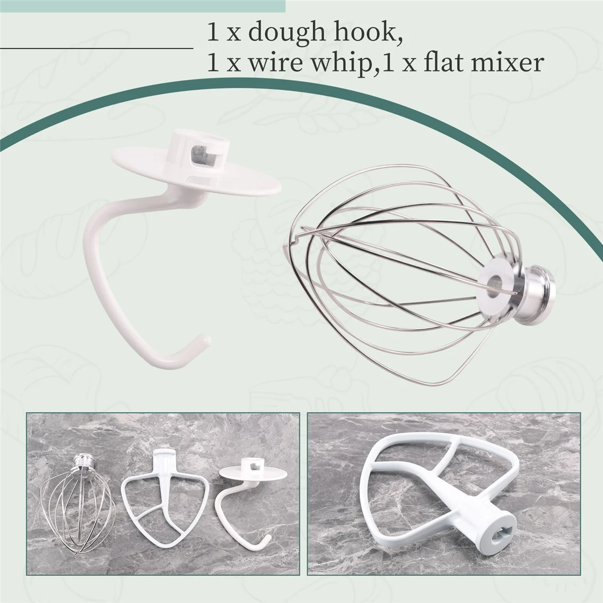 Mixer Kit for KSM150 Includes Dough Hook Wire Whip and Coated Flat Beater, 3 Pieces Stand Mixers Repair Set Compatible LPY