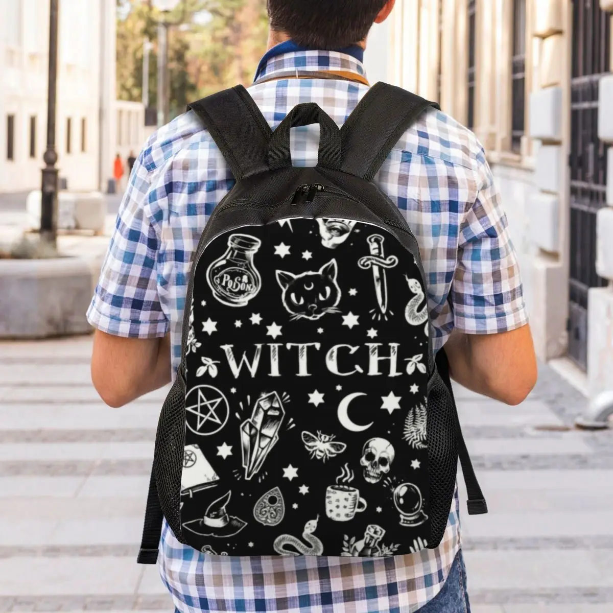 Witch Pattern Backpack para homens e mulheres, resistente à água, escola universitária, Halloween, Cat Skull, Print Bookbags