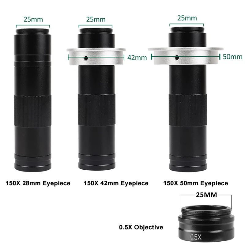 YIZHAN 0.5X Auxiliary Barlow Lens Objective 150X C-mount Zoom Lens 25mm Focus Field Of View 28/42/50mm Installation diameter