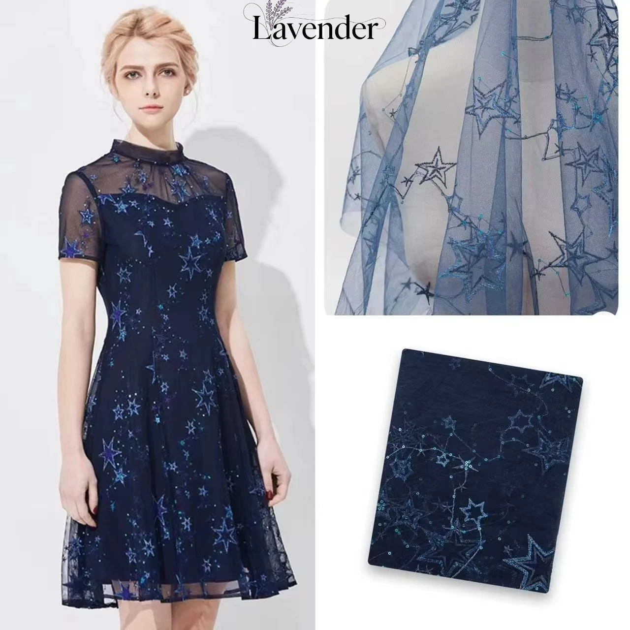 

New gold wire star pattern sequin embroidery lace chiffon fabric sewing dress children's clothing designer fabric