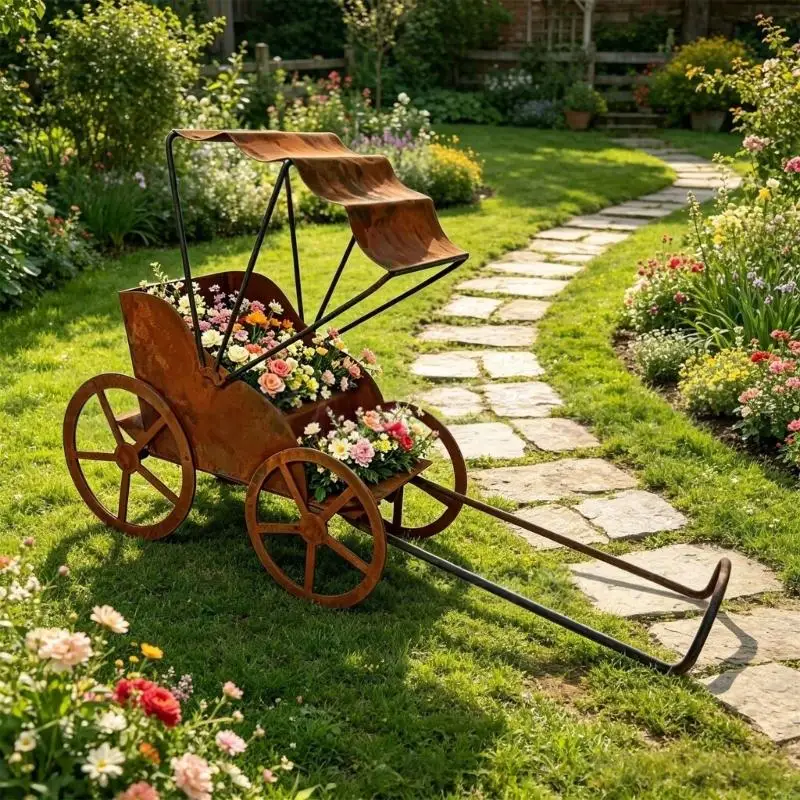 Home Garden Flower Pot Cart With Aged Metal Finish, Rickshaw Wheel Holder for Small Pots, Balcony Corner, Porch, and Entry