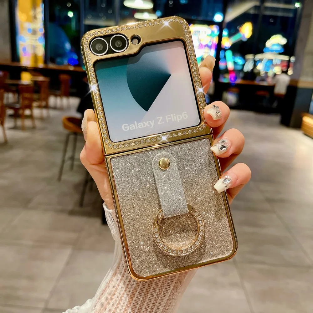 Electroplate Diamond Inlay Ring Phone Case for Samsung Galaxy Z Flip 6 5 4 3 Flip6 Flip5 Flip4 Flip3 Gradient Protective Cover