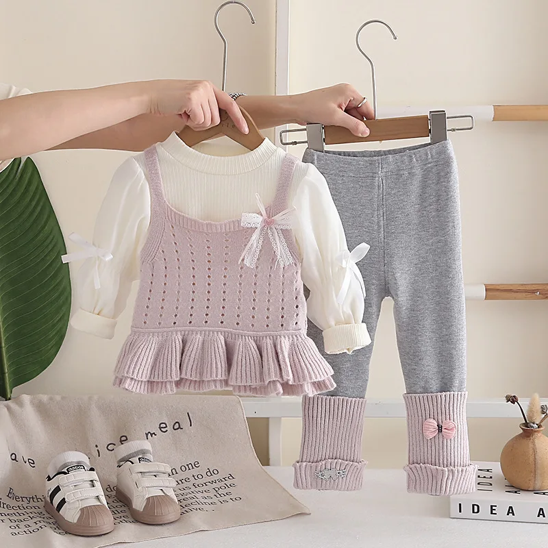 Girls Cute Clothes Sets Spring Autumn Children Knitted Vest T-shirts Leggings Pants 3pcs Princess Suit For Baby Outfits Kids 5Y
