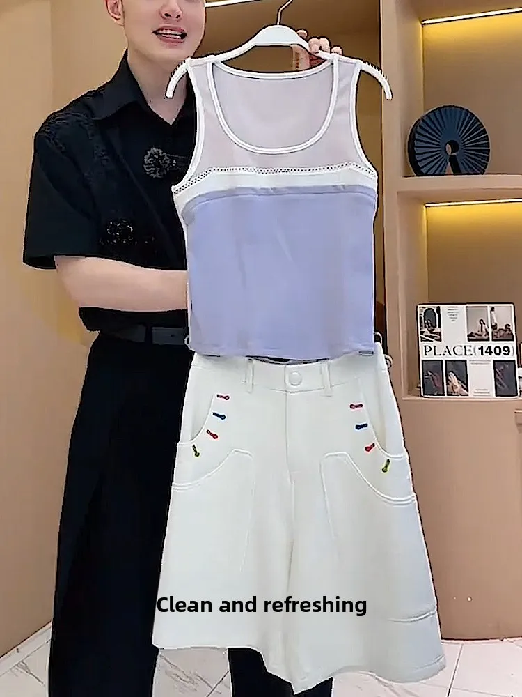 Faionable Casual Conjunto de dos piezas para mujer Svel round Ne Chaleco fino Verano Ocio Mezcla de algodón Exclusivo en línea