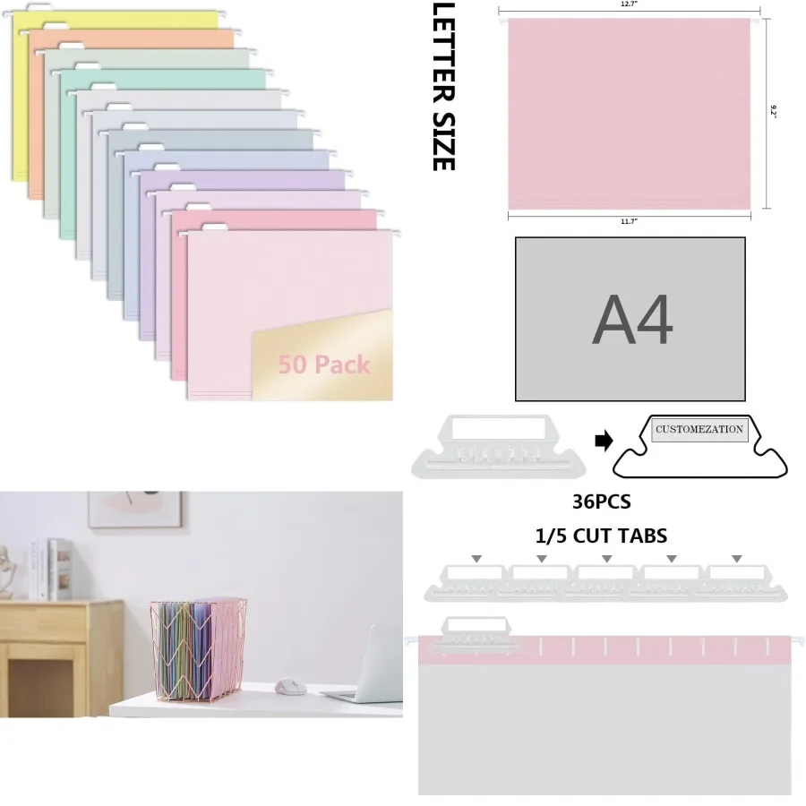 

50 шт. подвесные папки для файлов MagDurnus, пастельный цвет, дизайн, размер буквы с 1/5 регулируемыми вырезанными язычками, разные стили, идеально подходят для