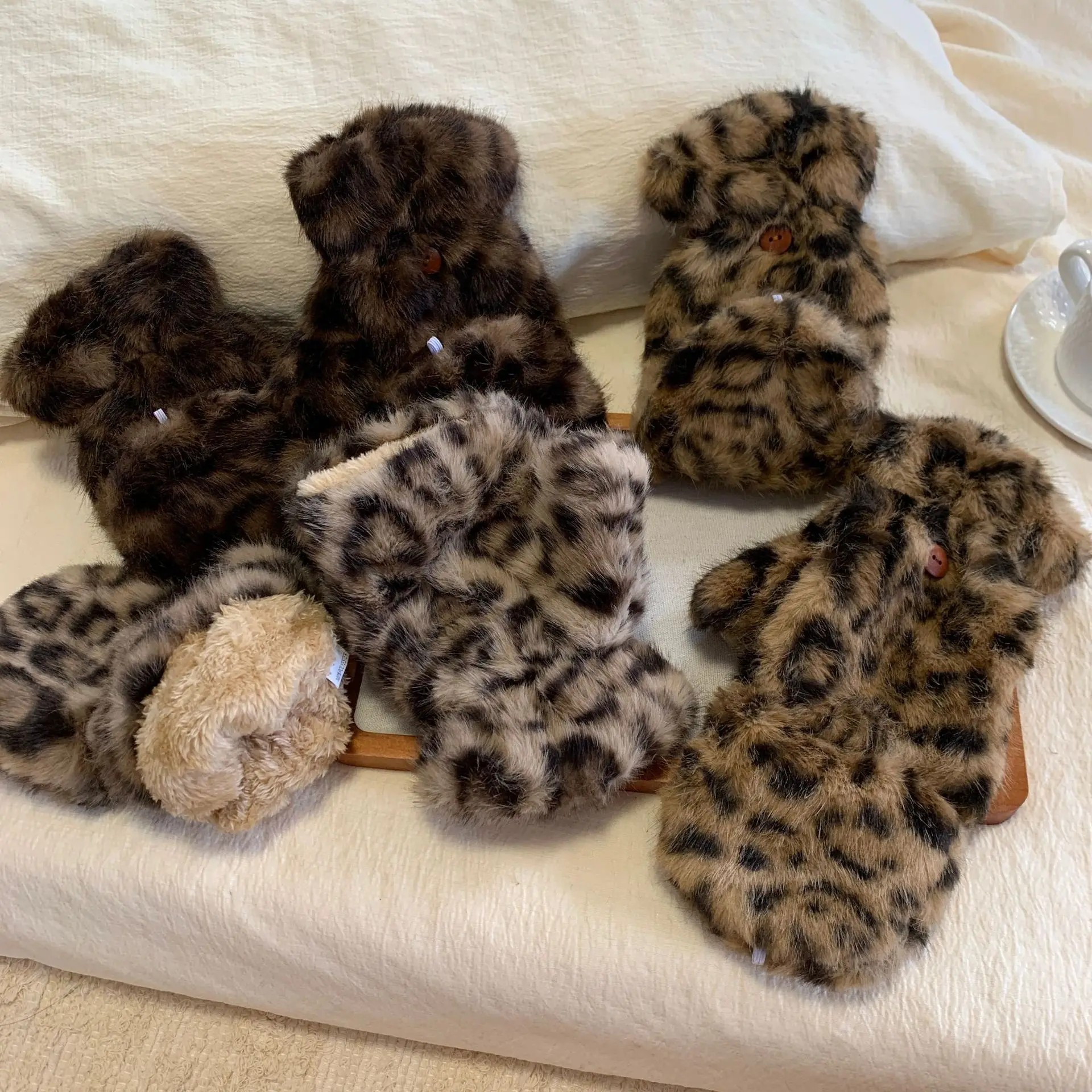 Y2K Millennium Hot Girl Half Finger Gloves Elk Fleece Lined Leopard Print Muffs Christmas Street Outfit Full Finger Matching