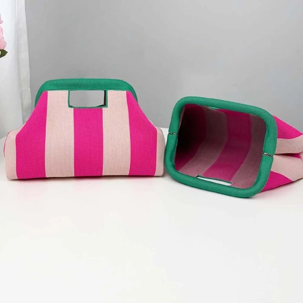 Knitting Wristlet Bag Woven Knit Handbag Lightweight Handmade Striped Tote Bag Flexible Washable Contrast Color Purse Cosmetic