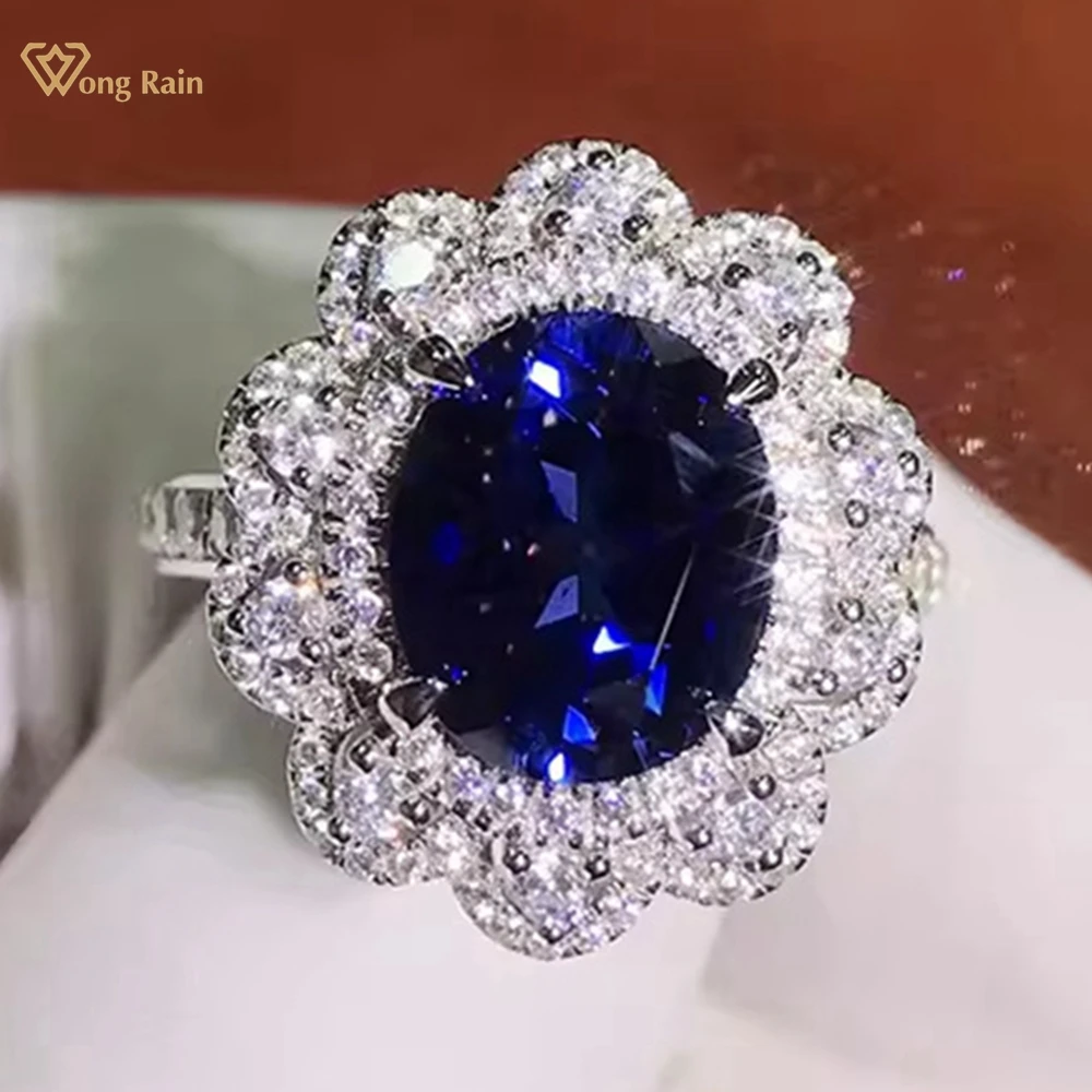 Wong Rain 100% 925 Sterling Silver Oval Cut 9*11 MM Sapphire High Carbon Diamond Gems Cocktail Party Ring for Women Fine Jewelry