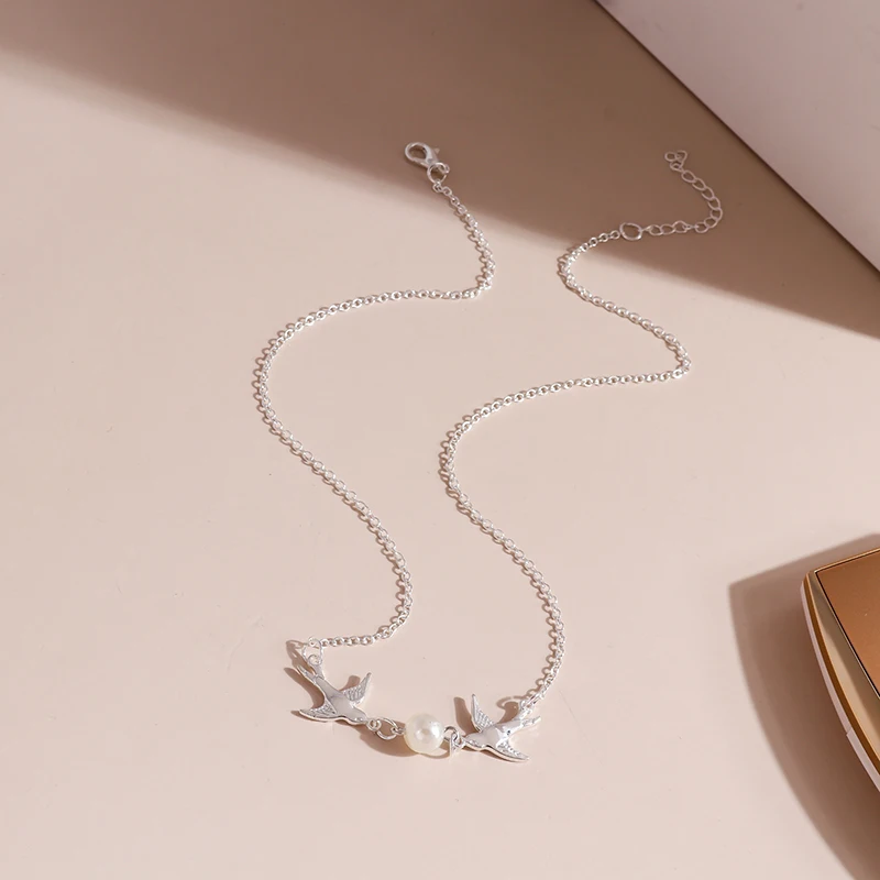 Aihua Halskette mit Anhänger in Form einer Taube mit Imitationsperle, modische gold- und silberfarbene Kette für Frauen, Hochzeitsschmuck, Geschenke – Detail 5