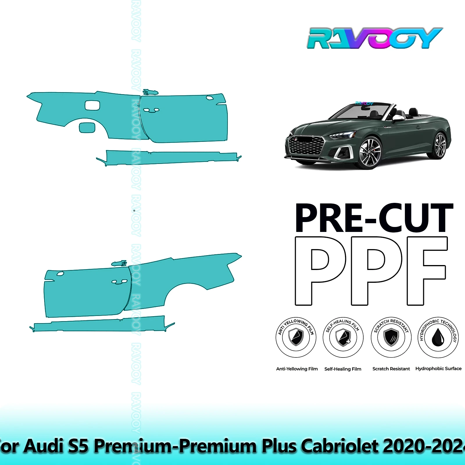 

For Audi S5 Premium-Premium Plus Cabriolet 2020-2024 8.5mil Pre-Cut PPF Door & A/B Pillar Kit TPU Paint Protection Film Set